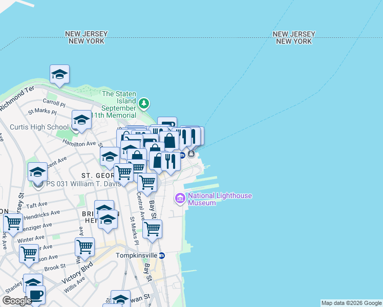 map of restaurants, bars, coffee shops, grocery stores, and more near 1 Bay Street in Staten Island