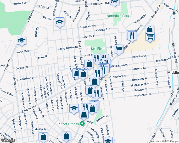 map of restaurants, bars, coffee shops, grocery stores, and more near 2525 Easton Avenue in Bethlehem
