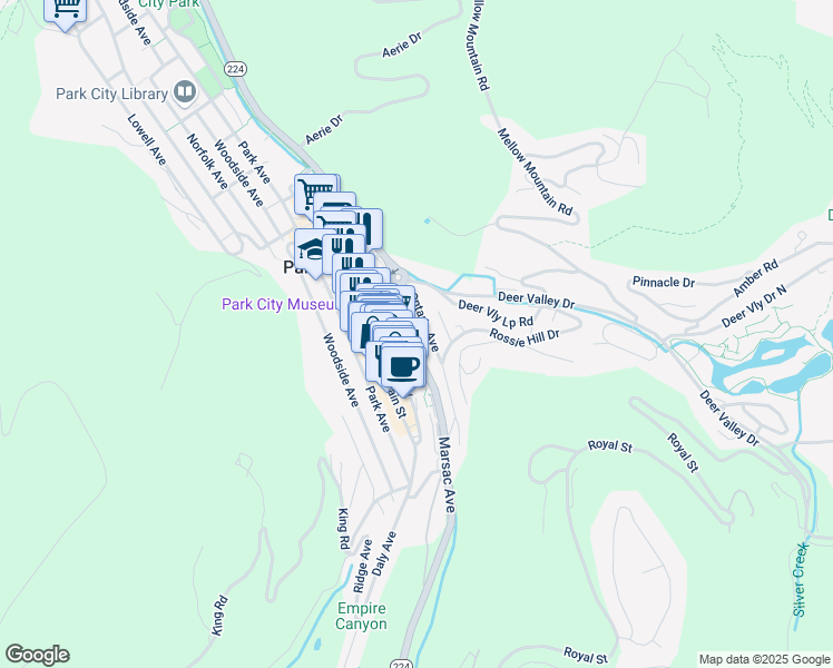 map of restaurants, bars, coffee shops, grocery stores, and more near 416 Ontario Avenue in Park City
