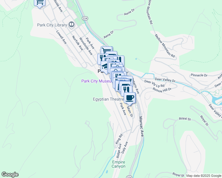 map of restaurants, bars, coffee shops, grocery stores, and more near 489 Woodside Avenue in Park City