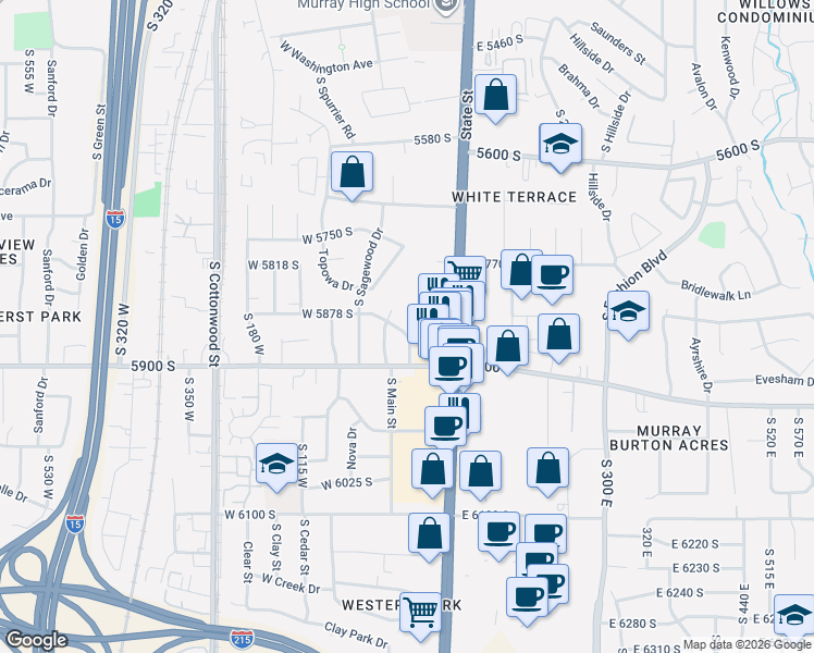 map of restaurants, bars, coffee shops, grocery stores, and more near 10 West 5878 South in Murray