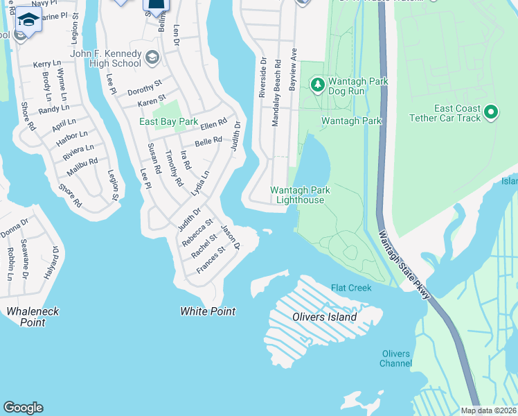 map of restaurants, bars, coffee shops, grocery stores, and more near 3076 Riverside Drive in Wantagh