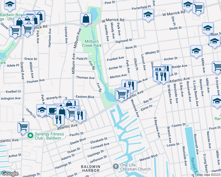 map of restaurants, bars, coffee shops, grocery stores, and more near 563 Southside Avenue in Freeport