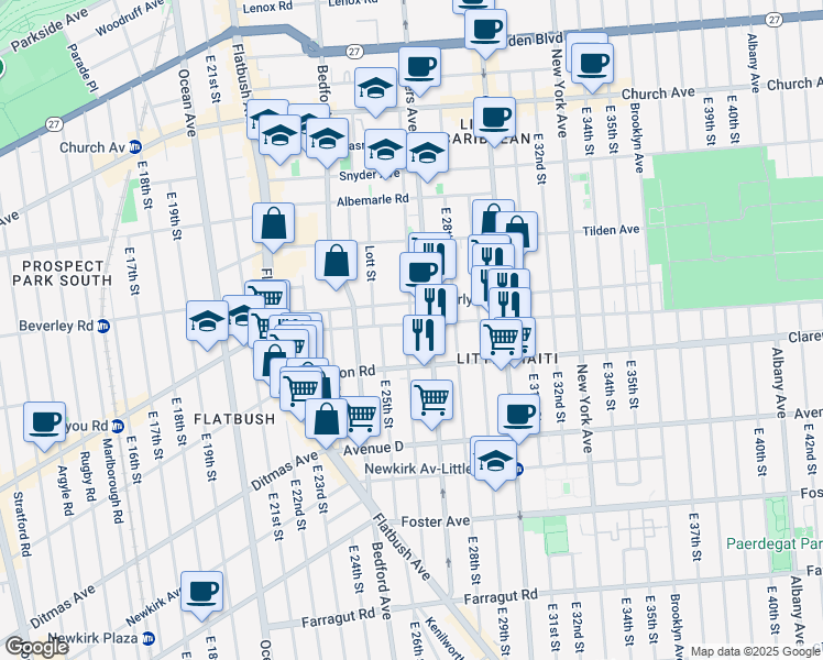 map of restaurants, bars, coffee shops, grocery stores, and more near 2516 Cortelyou Road in Brooklyn