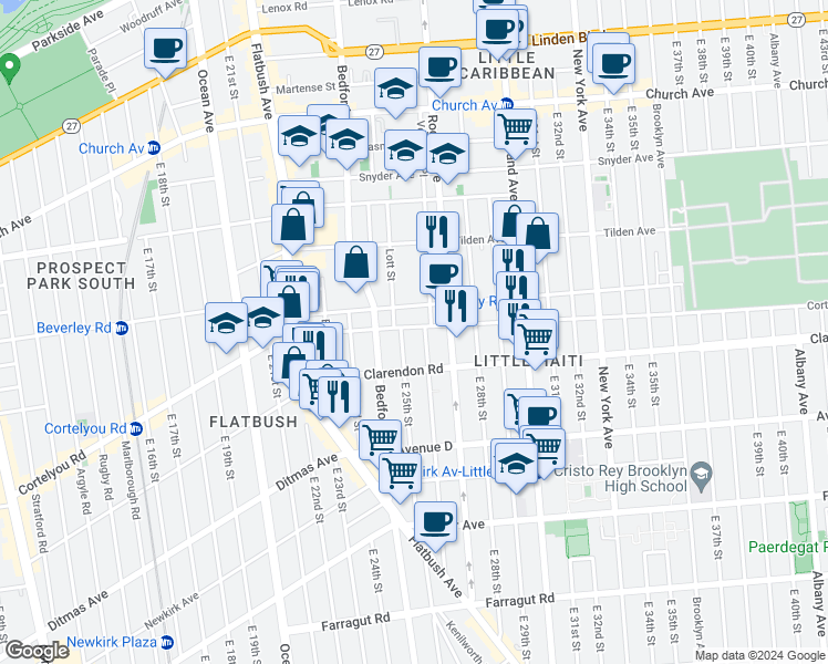 map of restaurants, bars, coffee shops, grocery stores, and more near 2516 Cortelyou Road in Brooklyn