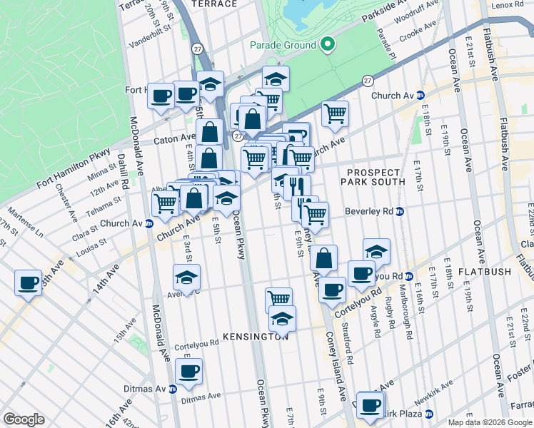 map of restaurants, bars, coffee shops, grocery stores, and more near 327 East 7th Street in Brooklyn