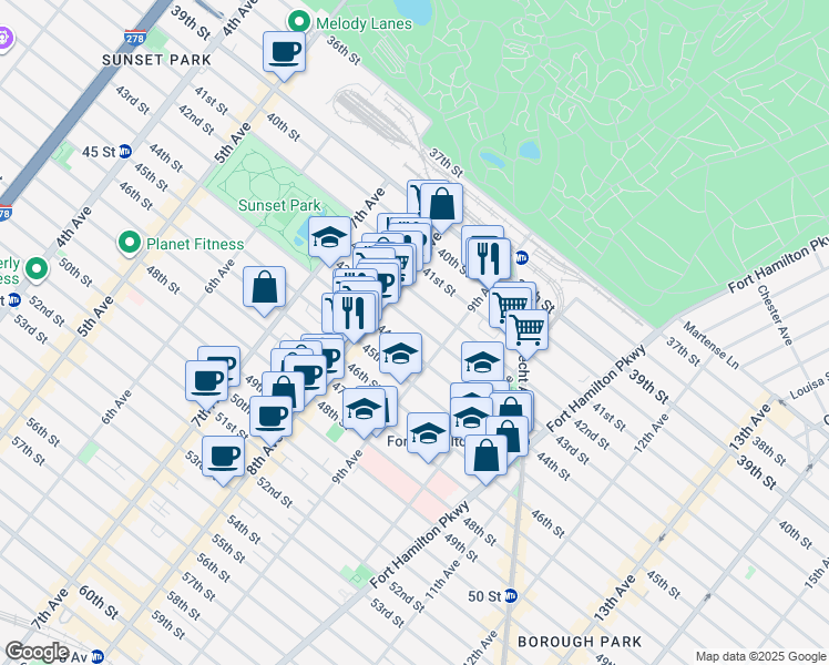 map of restaurants, bars, coffee shops, grocery stores, and more near 872 43rd Street in Brooklyn
