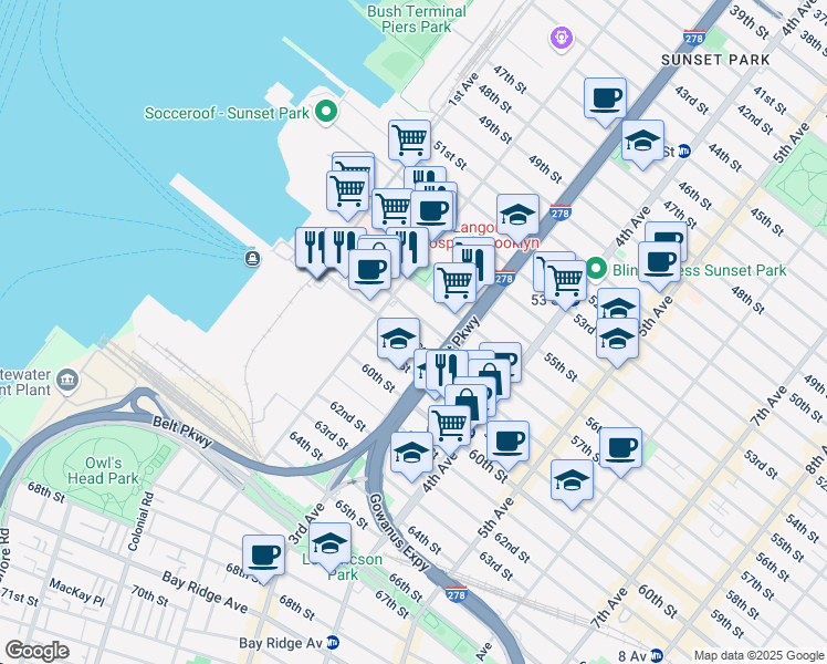 map of restaurants, bars, coffee shops, grocery stores, and more near 241 58th Street in Brooklyn