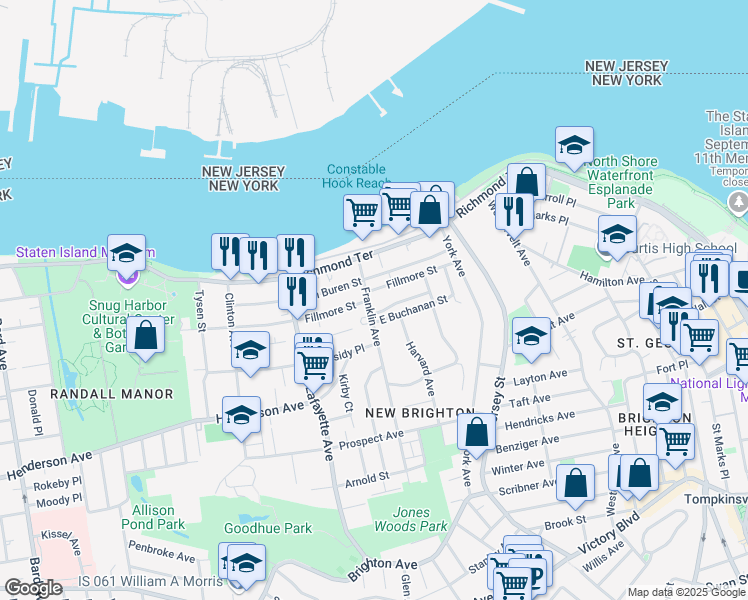 map of restaurants, bars, coffee shops, grocery stores, and more near 46 Franklin Avenue in Staten Island