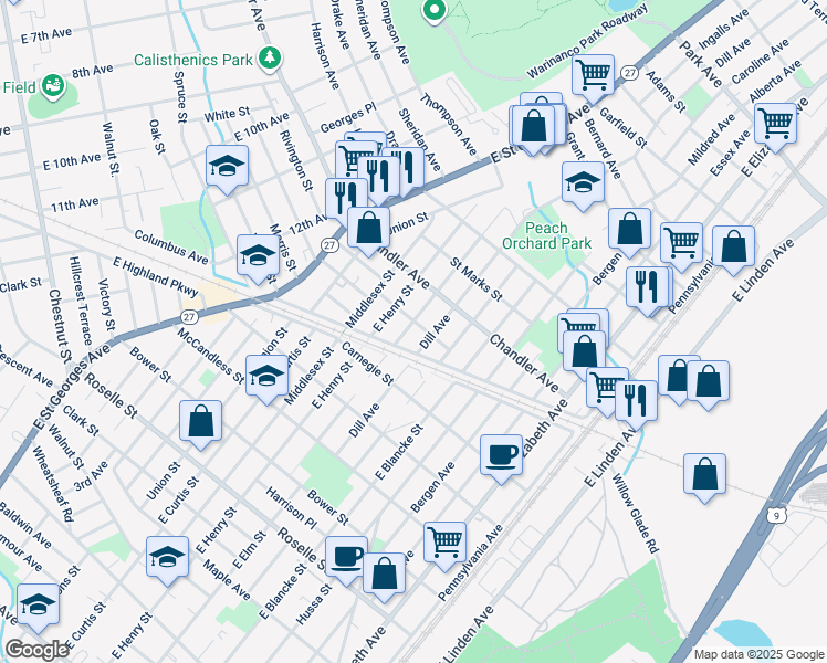 map of restaurants, bars, coffee shops, grocery stores, and more near 1116 Dill Avenue in Linden