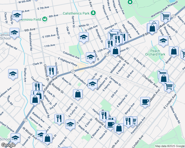 map of restaurants, bars, coffee shops, grocery stores, and more near 913 Union Street in Linden