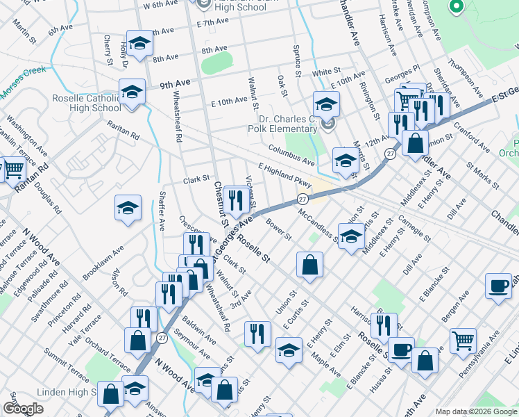 map of restaurants, bars, coffee shops, grocery stores, and more near 645 New Jersey 27 in Roselle