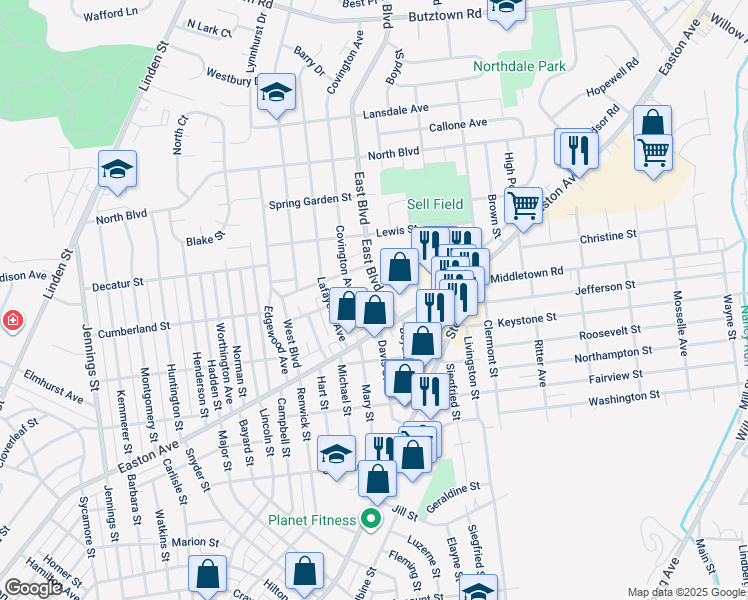 map of restaurants, bars, coffee shops, grocery stores, and more near 2131 East Boulevard in Bethlehem