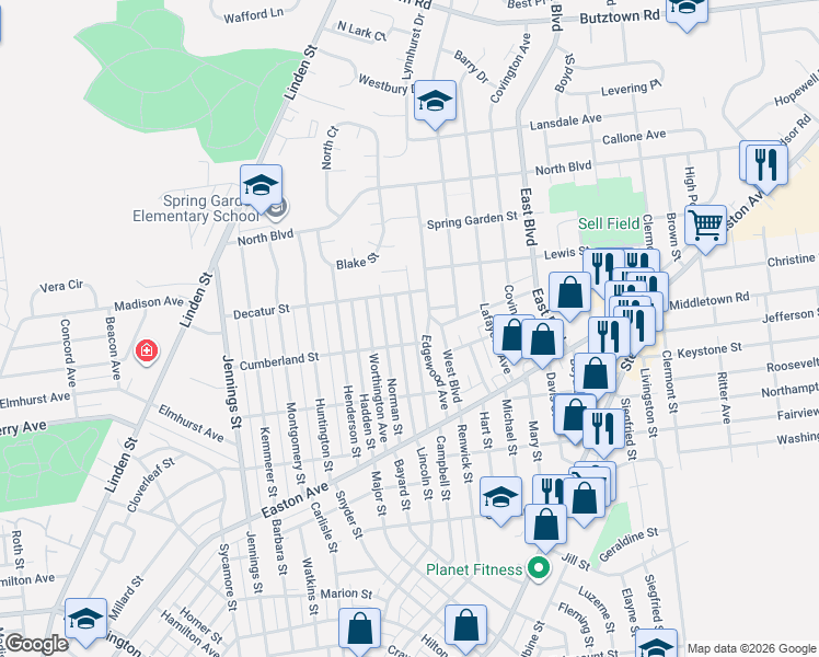 map of restaurants, bars, coffee shops, grocery stores, and more near 2205 Edgewood Avenue in Bethlehem