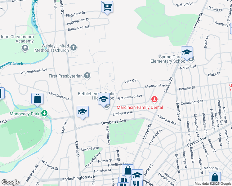 map of restaurants, bars, coffee shops, grocery stores, and more near 38 Kirkland Village Circle in Bethlehem