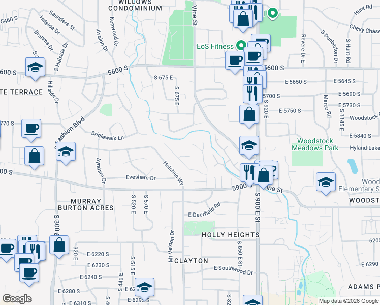 map of restaurants, bars, coffee shops, grocery stores, and more near 715 Erekson View Cir in Murray