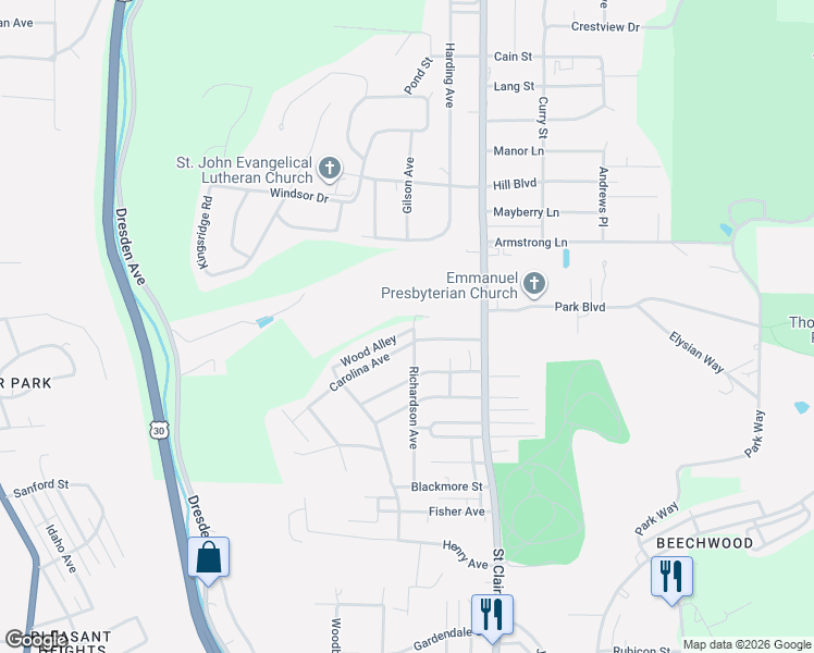 map of restaurants, bars, coffee shops, grocery stores, and more near 2611 Richardson Avenue in East Liverpool