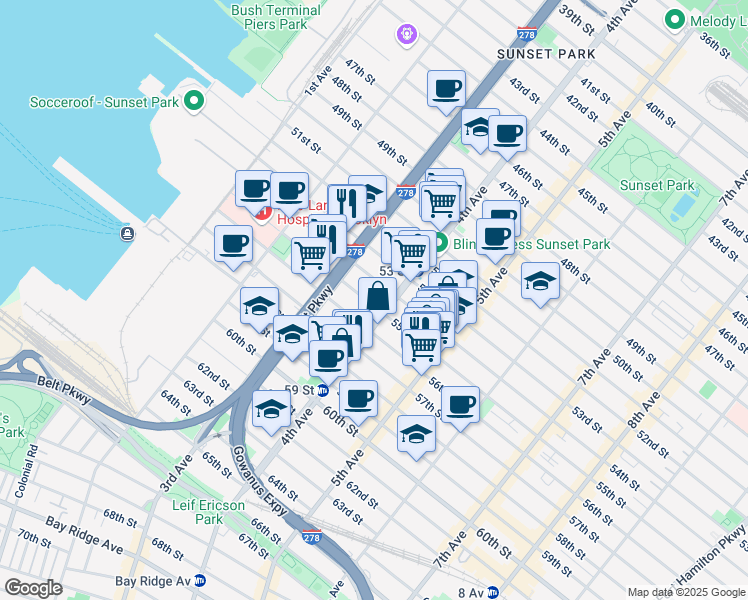 map of restaurants, bars, coffee shops, grocery stores, and more near 359 55th Street in Brooklyn