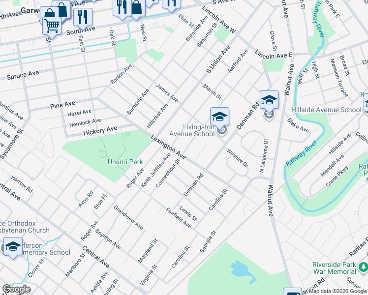 map of restaurants, bars, coffee shops, grocery stores, and more near 336 Stoughton Avenue in Cranford