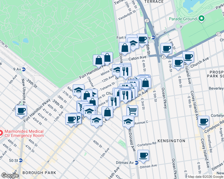 map of restaurants, bars, coffee shops, grocery stores, and more near 28 Clara Street in Brooklyn