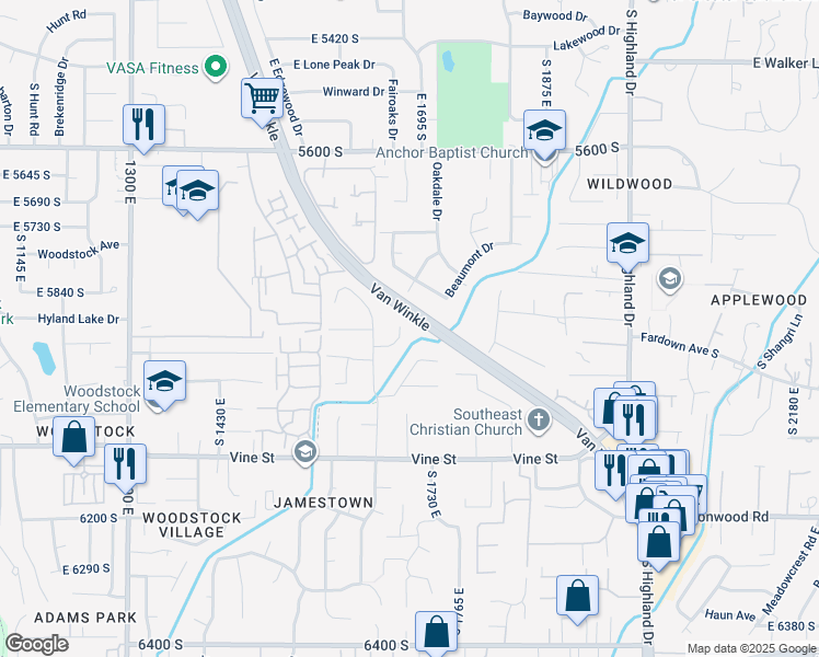 map of restaurants, bars, coffee shops, grocery stores, and more near 5895 South in Murray