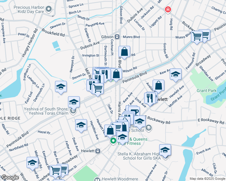 map of restaurants, bars, coffee shops, grocery stores, and more near 1337 Peninsula Boulevard in Hewlett