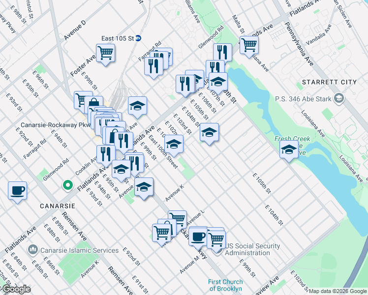 map of restaurants, bars, coffee shops, grocery stores, and more near 1023 East 102nd Street in Brooklyn