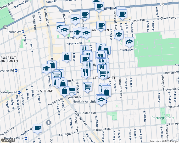 map of restaurants, bars, coffee shops, grocery stores, and more near 1069 Rogers Avenue in Brooklyn