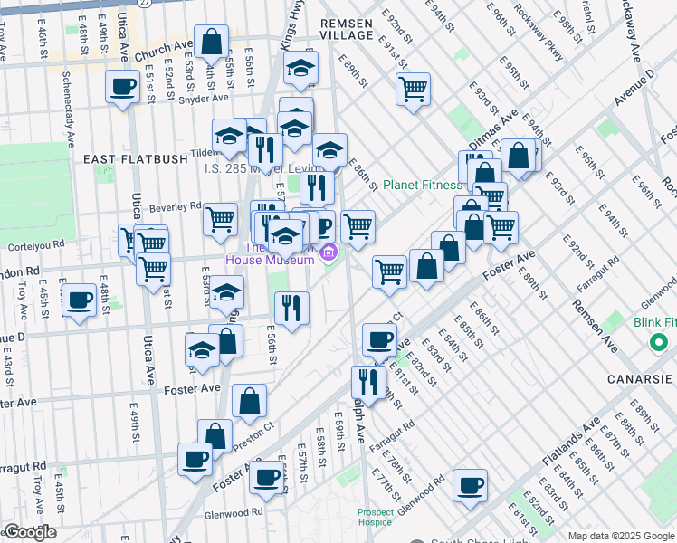 map of restaurants, bars, coffee shops, grocery stores, and more near 1338 Ralph Avenue in Brooklyn