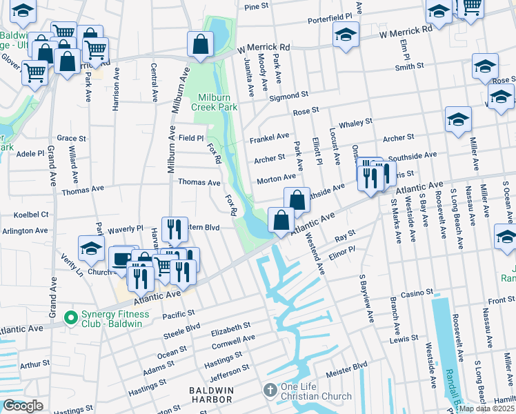 map of restaurants, bars, coffee shops, grocery stores, and more near 563 Southside Avenue in Freeport