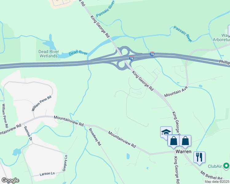 map of restaurants, bars, coffee shops, grocery stores, and more near 283 King George Road in Warren