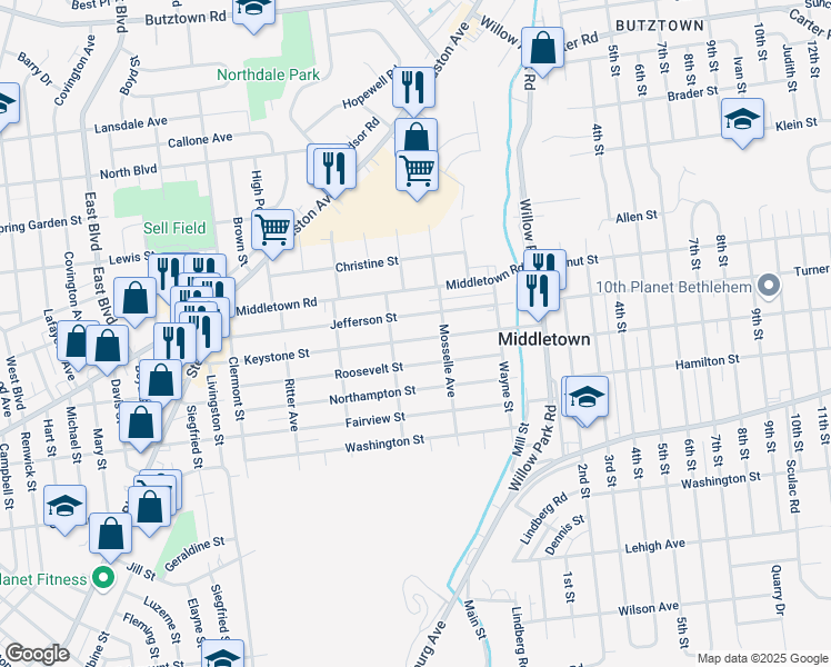 map of restaurants, bars, coffee shops, grocery stores, and more near 3023 Keystone Street in Bethlehem