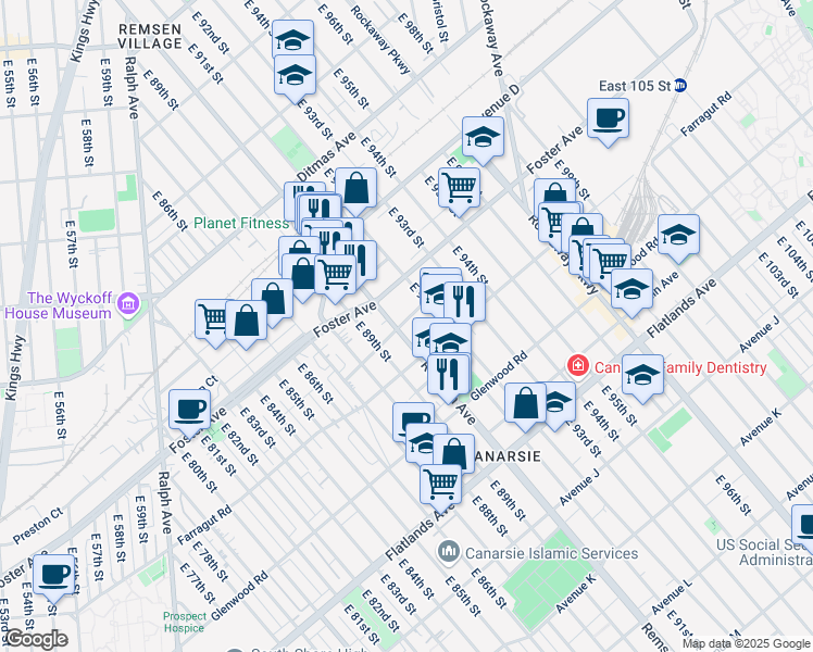 map of restaurants, bars, coffee shops, grocery stores, and more near 1023 Remsen Avenue in Brooklyn
