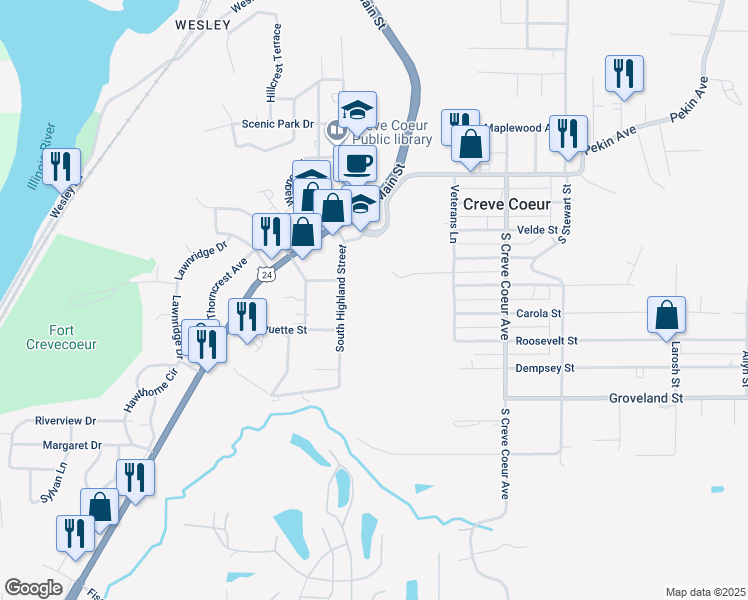 map of restaurants, bars, coffee shops, grocery stores, and more near in Creve Coeur