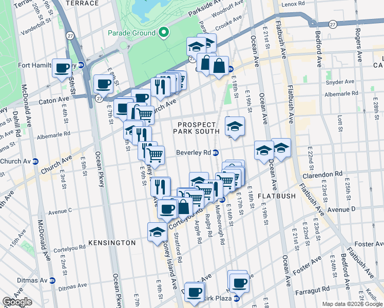 map of restaurants, bars, coffee shops, grocery stores, and more near 1310 Beverley Rd in Brooklyn