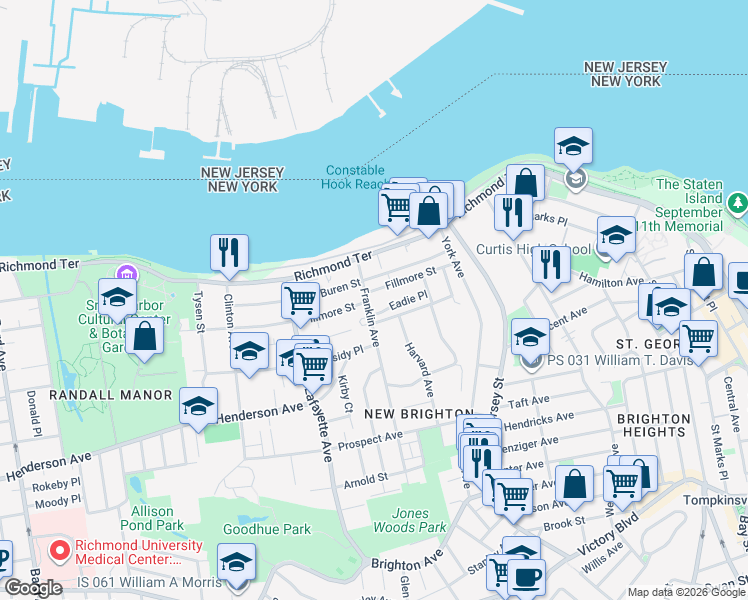 map of restaurants, bars, coffee shops, grocery stores, and more near 46 Franklin Avenue in Staten Island