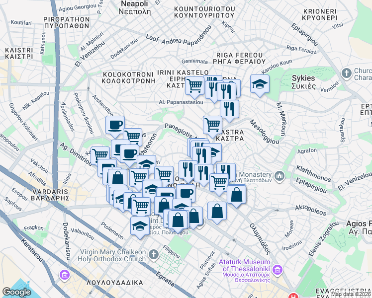 map of restaurants, bars, coffee shops, grocery stores, and more near in Thessaloniki