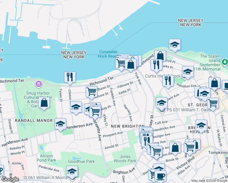 map of restaurants, bars, coffee shops, grocery stores, and more near 46 Franklin Avenue in Staten Island