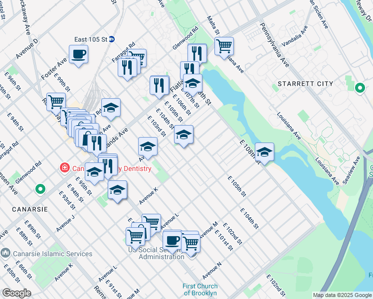 map of restaurants, bars, coffee shops, grocery stores, and more near 1070 East 104th Street in Brooklyn