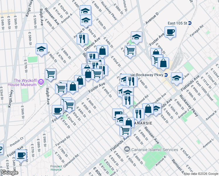 map of restaurants, bars, coffee shops, grocery stores, and more near 994 Remsen Avenue in Brooklyn
