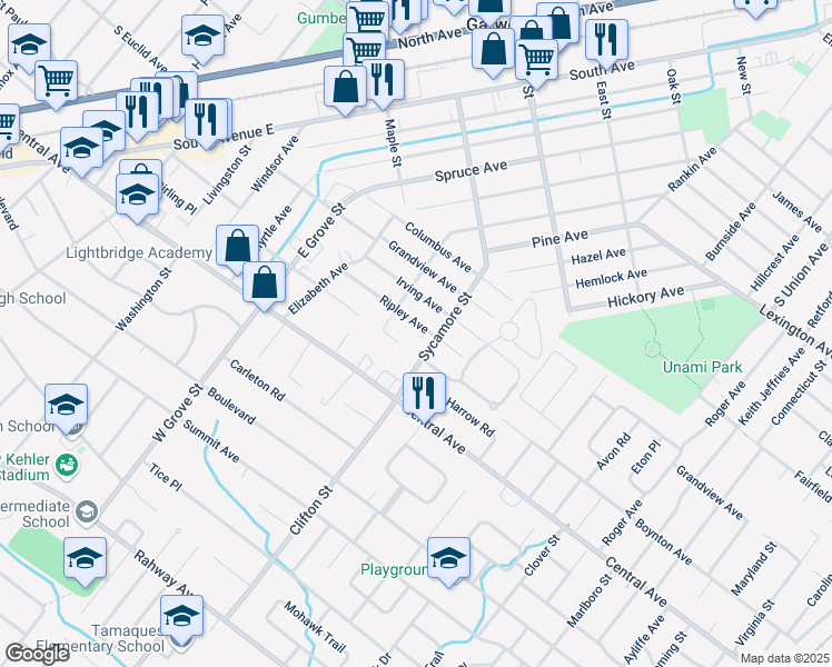 map of restaurants, bars, coffee shops, grocery stores, and more near 1019 Boynton Avenue in Westfield