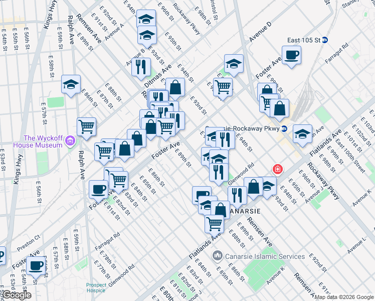 map of restaurants, bars, coffee shops, grocery stores, and more near 535 East 89th Street in Brooklyn