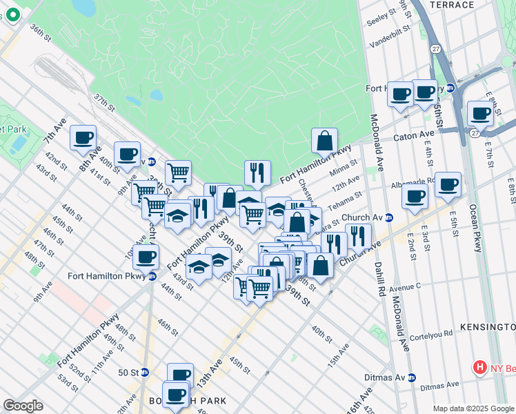 map of restaurants, bars, coffee shops, grocery stores, and more near 1128 36th Street in Brooklyn