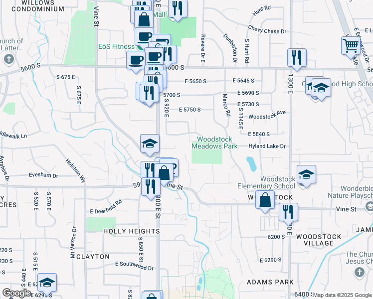 map of restaurants, bars, coffee shops, grocery stores, and more near 5893 South Ragsdale Drive in Salt Lake City