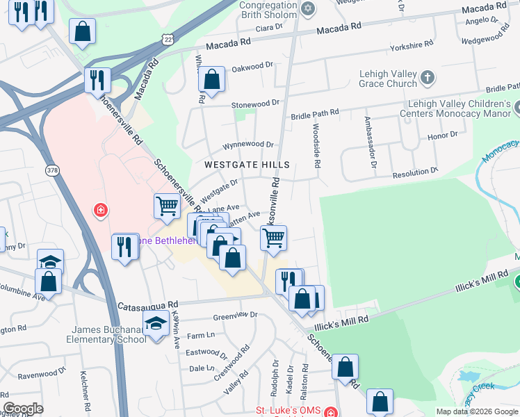 map of restaurants, bars, coffee shops, grocery stores, and more near 1350 Statten Ave in Bethlehem