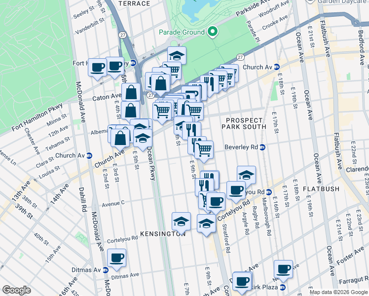 map of restaurants, bars, coffee shops, grocery stores, and more near 823 Beverley Road in Brooklyn