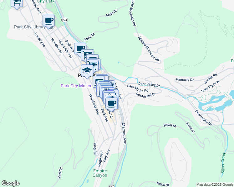 map of restaurants, bars, coffee shops, grocery stores, and more near 421 Ontario Avenue in Park City