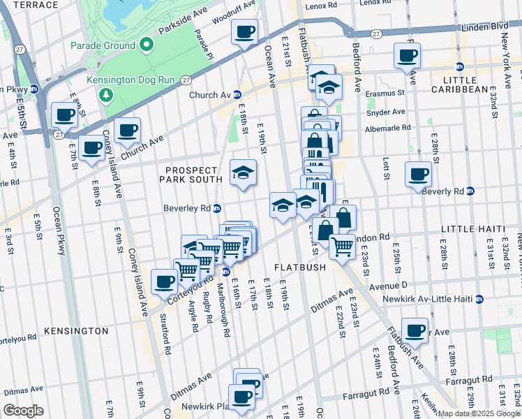 map of restaurants, bars, coffee shops, grocery stores, and more near 293 East 18th Street in Brooklyn