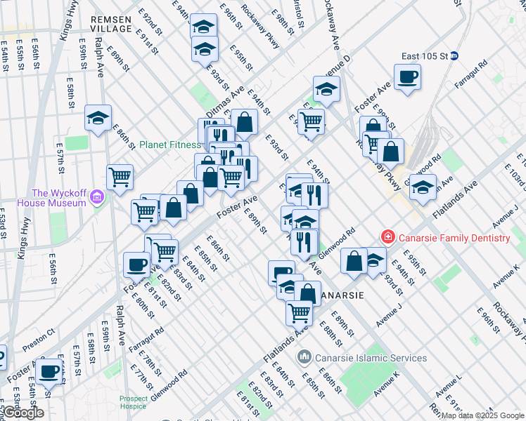 map of restaurants, bars, coffee shops, grocery stores, and more near 535 East 89th Street in Brooklyn