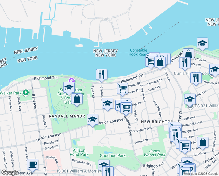 map of restaurants, bars, coffee shops, grocery stores, and more near 241 Van Buren Street in Staten Island